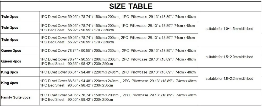Size Table 2