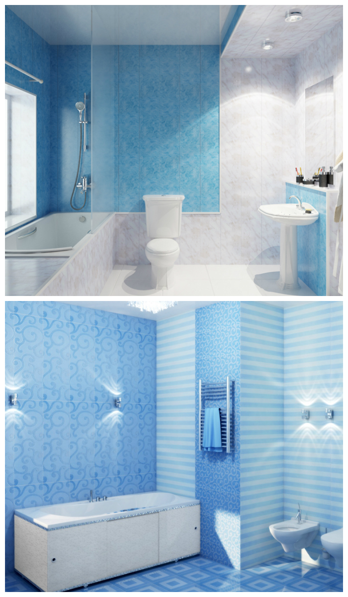 Отделка ванной пластиковыми панелями в бело-голубой цветовой гамме