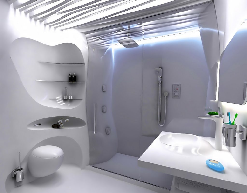 Фантастический интерьер ванной комнаты в стиле футуризма