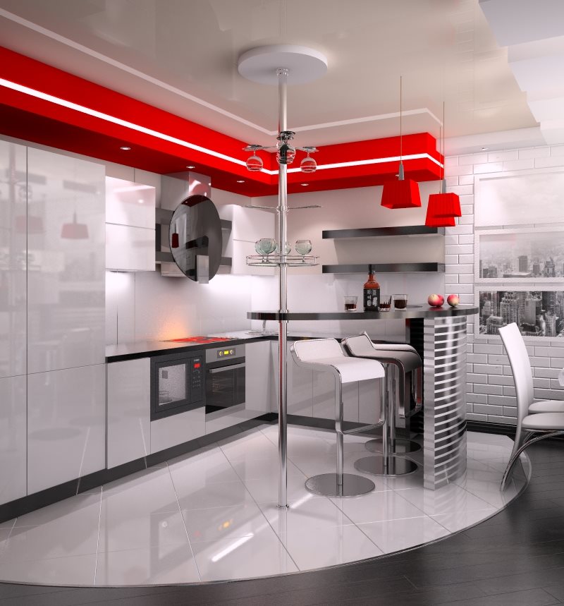 Акценты красного цвета в белой кухне-гостиной