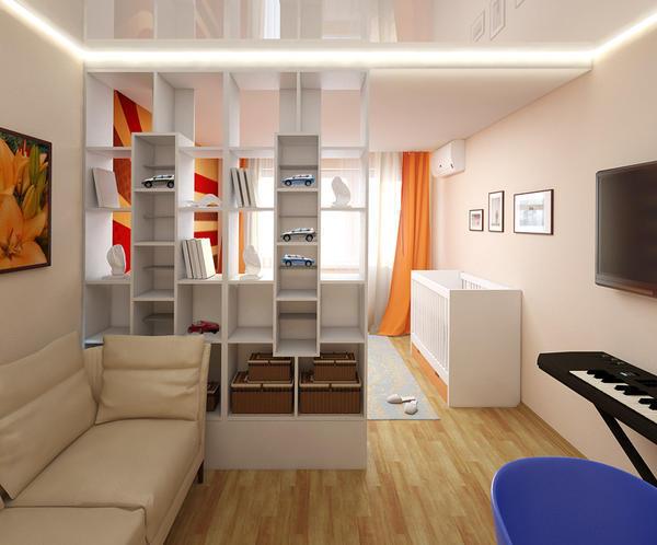 Визуально разделить зоны в помещении можно при помощи креативного потолка и цветового оформления