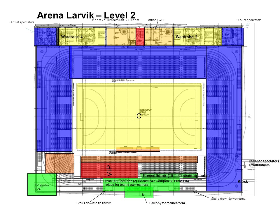 Wardrobe 4Wardrobe 3 Presstribune (10 – 30 seats optional) Arena Larvik – Level 2 C Toilet spectators Entrance spectators + voulunteers Kiosk TV studio TV4 Room voulunteers / alt.