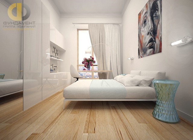 Белая спальня со стильным постером