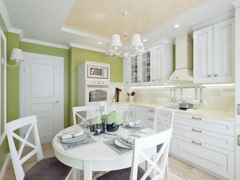 кухня оформленная в бело-оливковый цвет