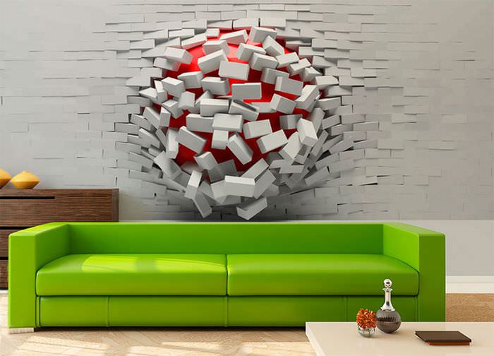 Футуристичные обои в дизайне стены над диваном