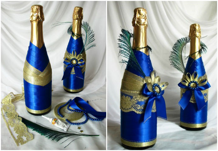 Декор бутылки шампанского для свадьбы своими руками