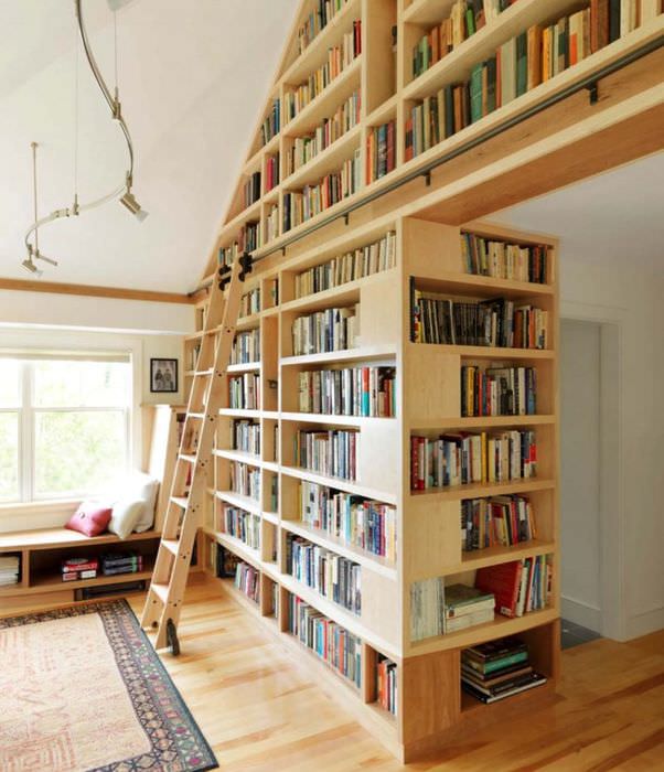 Приставная лестница и высокий книжный стеллаж