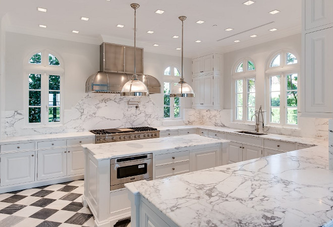  White Kitchen with marble checkered floor tiles, marble countertop and marble slab backsplash. White Kitchen with marble checkered floor tiles. White Kitchen with marble checkered floor tiles and marble countertop. #WhiteKitchen #marble #checkeredfloortiles Sotheby